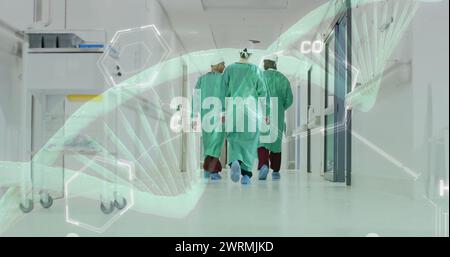 Immagine del filamento di dna su diversi chirurghi in ospedale Foto Stock