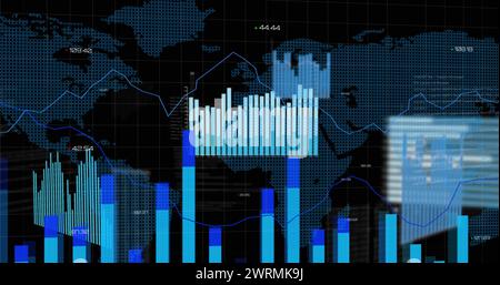 Immagine di grafici finanziari e dati su una mappa mondiale su sfondo nero Foto Stock