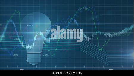 Immagine dell'icona della lampadina con grafico che scorre sopra una griglia Foto Stock
