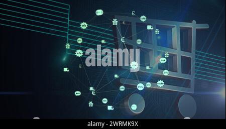 Immagine dell'icona della scheda acquisti con icone tecnologiche collegate su grafici in movimento Foto Stock