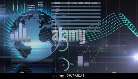 Immagine dei dati e delle informazioni dei grafici che si spostano sullo schermo sopra la griglia e la rotazione del globo Foto Stock