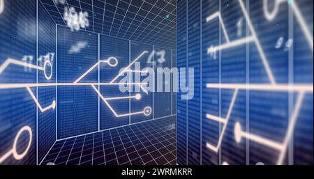 Immagine di numeri, elaborazione dati e scheda a circuito stampato su server informatici Foto Stock