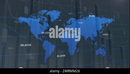 Immagine di statistiche e numeri, elaborazione di dati finanziari sulla mappa mondiale Foto Stock