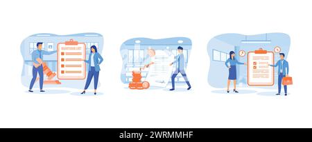 Sanzioni. Uomo che ha in mano una lettera di sanzione per il prestito. Politica ed economia. Illustrazione moderna del set di sanzioni per vettore piatto Illustrazione Vettoriale