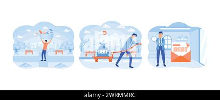 Uomo d'affari che porta un pesante debito. Uomo d'affari che suda e tira un carro con un debito di testo. Un uomo d'affari ha un debito sulla schiena. Indebitamento burde Illustrazione Vettoriale