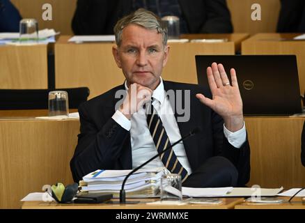 Erfurt, Germania. 13 marzo 2024. Björn Höcke, leader del gruppo parlamentare AfD, siede nella camera plenaria del parlamento statale della Turingia all'inizio della sessione di tre giorni. I temi della discussione di un'ora comprendono, per esempio, il lavoro di servizio pubblico obbligatorio per i richiedenti asilo e l'ampliamento delle infrastrutture ferroviarie della Turingia. Crediti: Martin Schutt/dpa/Alamy Live News Foto Stock