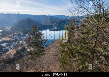 Lago di Bled: Vista panoramica del lago, della Chiesa della madre di Dio sull'isola e del monte Triglav sullo sfondo. Slovenia Foto Stock