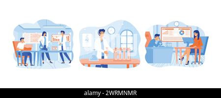 Scienziati in laboratorio. Ricerca scientifica. Scienziati professionisti. impostare l'illustrazione moderna del vettore piatto Illustrazione Vettoriale