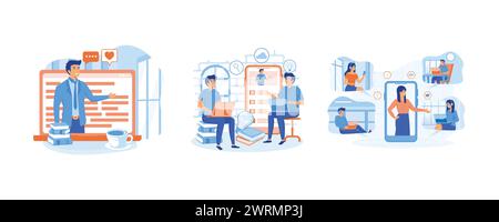 Concetto di formazione online. Podcast tutorial e coaching aziendale. Sorridere le persone che usano le cuffie per una videochiamata. imposta la moderna illustrazione vettoriale piatta Illustrazione Vettoriale