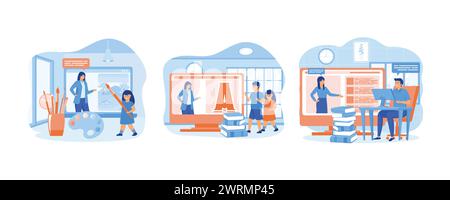 Corso d'arte online. Corsi di educazione online per la prima infanzia. Studenti in apprendimento a distanza. impostare l'illustrazione moderna del vettore piatto Illustrazione Vettoriale