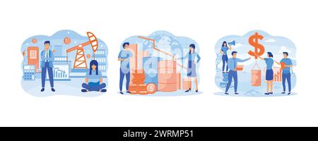Il prezzo del petrolio sta diminuendo. Calo dei prezzi del petrolio. Crescita del prezzo del petrolio. impostare l'illustrazione moderna del vettore piatto Illustrazione Vettoriale