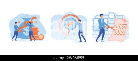 Riduzione dei costi con il concetto di persone di piccole dimensioni. Gestione della riduzione dei costi. Uomo d'affari che taglia i costi. impostare l'illustrazione moderna del vettore piatto Illustrazione Vettoriale