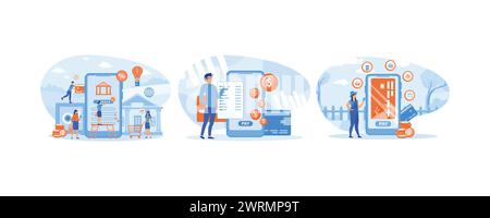 Mobile banking e gestione finanziaria. L'Internet banking paga le bollette online utilizzando il tuo telefono cellulare. Mano femminile che tiene in mano un telefono con diversi tipi di Illustrazione Vettoriale