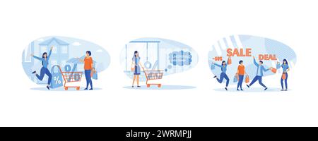 Grande sconto. Donna che spinge il carrello della spesa con un grande segno di percentuale. Uomini e donne felici hanno prezzi scontati. Imposta il vettore piatto moderno Illustrazione Vettoriale