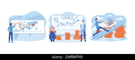 Concetto di crisi e aumento dei prezzi delle materie prime. Inflazione. problemi finanziari e previsioni di crollo del mercato. impostare l'illustrazione moderna del vettore piatto Illustrazione Vettoriale