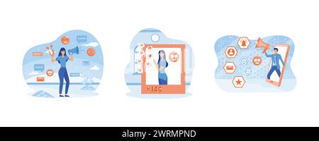 Diversi social media. Influencer sui social media sul lavoro. Mostrare alle persone che apportano mi piace e reazioni per ottenere il coinvolgimento. Imposta il vettore piatto Modern illust Illustrazione Vettoriale