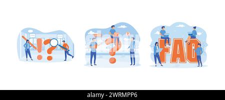 Domande frequenti o risoluzione dei problemi, recupero delle informazioni, domande frequenti. Impostare l'illustrazione moderna del vettore piatto Illustrazione Vettoriale