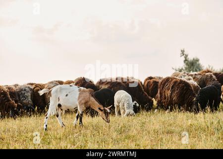 enorme e vivace bestiame di pecore e capre simpatiche che pascolano erbacce fresche mentre si trova in un suggestivo campo primaverile Foto Stock