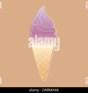 Un unico cono per gelato in stile doodle con tre sessole e un cono per waffle, posto su un semplice sfondo marrone. Il cono è colorato e visivamente accattivante Illustrazione Vettoriale