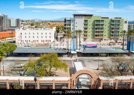 Vista aerea della zona intorno alla stazione degli autobus Linda Ronstadt nel centro di Tucson, Arizona Foto Stock