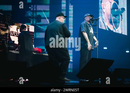 Milano, Italia. 11 marzo 2024. Jake la Furia, GUE e Don Joe dei Club Dogo si esibiscono dal vivo al Forum Assago di Milano, l'11 marzo 2024. (Foto di Alessandro Bremec/NurPhoto) credito: NurPhoto SRL/Alamy Live News Foto Stock