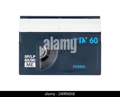 Vecchia mini cassetta DV vintage isolata su sfondo bianco Foto Stock