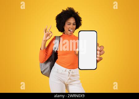 Donna afroamericana eccitata con capelli naturali, dando un segno perfetto Foto Stock