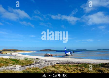 Aereo sulla sabbia all'aeroporto barra, Isola di barra, Ebridi esterne, Scozia, Regno Unito Foto Stock