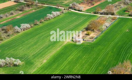 Campo agricolo, Vista panoramica della Valle di Tobalina dalla città medievale di Frías, Las Merindades, Burgos, Castilla y León, Spagna, Europa Foto Stock