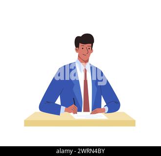 Uomo d'affari che firma un contratto seduto a un tavolo. Concetto aziendale di riunione con successo, firmato un accordo di cooperazione del progetto Illustrazione Vettoriale