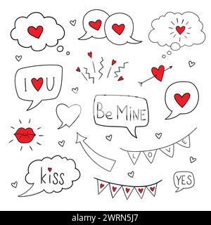 Personaggi e illustrazioni di San Valentino. Set di cartoni animati Doodles disegnati a mano con vettore di schizzo. l'amore e i cuori fanno schifo Illustrazione Vettoriale