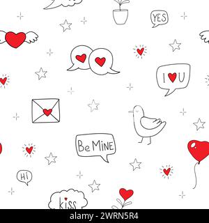 Doodle romantico motivo senza cuciture. Design per la stampa e l'avvolgimento di tessuti di moda. Motivo senza cuciture con simboli d'amore; cuori, orsacchiotto. banner, romantico Illustrazione Vettoriale