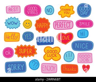 Confezione di adesivi disegnati a mano. Collezione di distintivi alla moda della Pop Art. Sorridi pin emoticon. Illustrazione Vettoriale