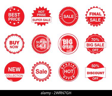 Etichette di vendita. Set per la raccolta di etichette di vendita. Sconto nastri rossi, striscioni. Etichette per gli acquisti. Illustrazione Vettoriale