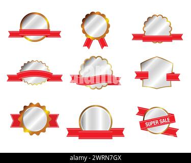 Set di nastri rossi e badge premio. Etichette rosse e dorate Illustrazione Vettoriale