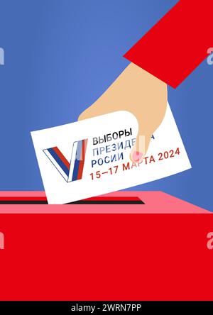 Elezioni presidenziali di Mosca in Russia nel 2024, una casella elettorale, una mano tiene una carta elettorale che raffigura attributi e simboli di gioia dello Stato Foto Stock