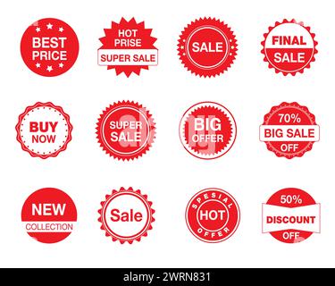 Etichette di vendita. Set per la raccolta di etichette di vendita. Sconto nastri rossi, striscioni. Etichette per gli acquisti. Illustrazione Vettoriale