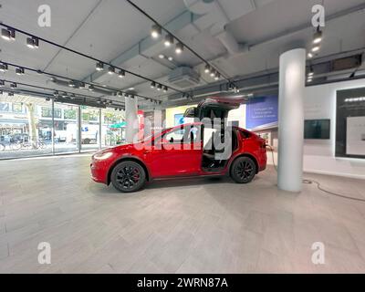 Veicolo elettrico Ultra Red Tesla modello X Falcon Wing in Studio, sostenibilità ambientale, concetto di sviluppo di energia alternativa, Elon Musk compan Foto Stock