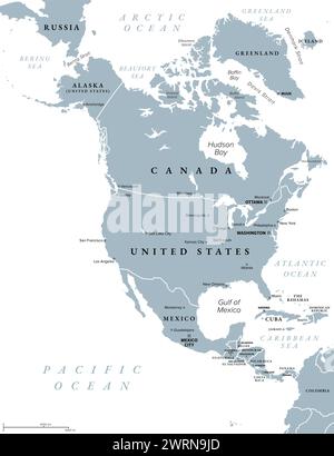 Nord America, mappa politica grigia. Continente delimitato dal Sud America, dal Mar dei Caraibi e dall'Oceano Artico, Atlantico e Pacifico. Foto Stock