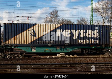Budapest, Ungheria - 28 febbraio 2021: Logistica Reysas. Spedizione container. Trasporto e trasporto merci a livello globale. Trasporto internazionale. Foto Stock