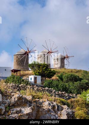 Mulini a vento di Patmos Chora, isola di Patmos, Dodecaneso, isole greche, Grecia, Europa Copyright: KarolxKozlowski 1245-3187 Foto Stock