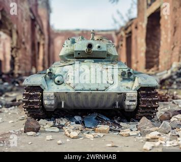 Un carro armato americano dell'era della seconda guerra mondiale in Una città europea in rovina Foto Stock