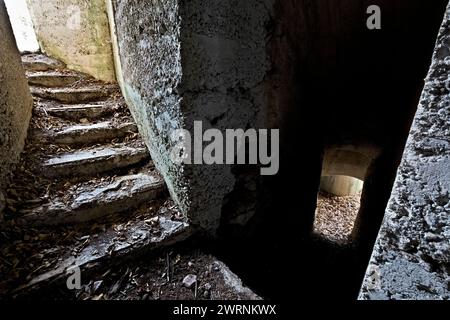 Tunnel delle fortificazioni della grande Guerra nella roccaforte austro-ungarica del Monte Celva. Trento, Trentino, Italia Foto Stock