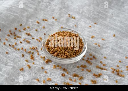 Primo piano di semi castani di fieno greco Foto Stock