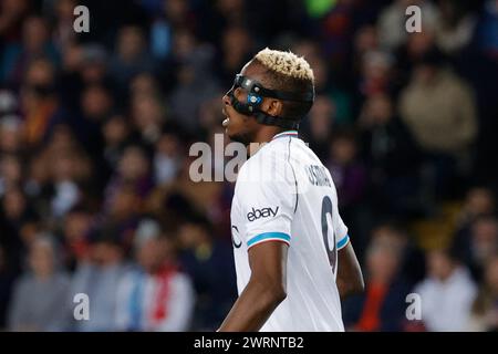 Barcellona, Napoli, SPAGNA. 12 marzo 2024. Victor Osimhen del Napoli reagisce durante il round di UEFA Champions League 16 della partita di andata e ritorno FC Barcellona - SSC Napoli allo stadio Olimpico Lluis Companys di Barcellona, il 12 marzo 2023 (Credit Image: © Ciro De Luca/ZUMA Press Wire) SOLO PER USO EDITORIALE! Non per USO commerciale! Foto Stock