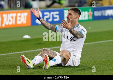 Barcellona, Napoli, SPAGNA. 12 marzo 2024. Matteo Politano del Napoli reagisce durante il round di UEFA Champions League 16 della partita di andata e ritorno FC Barcellona - SSC Napoli allo stadio Olimpico Lluis Companys di Barcellona, il 12 marzo 2023 (Credit Image: © Ciro De Luca/ZUMA Press Wire) SOLO PER USO EDITORIALE! Non per USO commerciale! Foto Stock