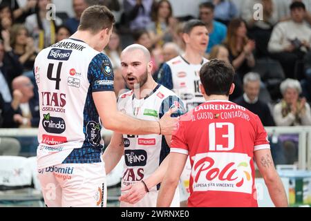 Trento, Italia. 13 marzo 2024. Esultazione di Alessandro Acquarone di ITAS Trentino Volley durante la partita tra ITAS Trentino Volley e cucine Lube Civitanova, semifinale di CEV Men Volley Champions League 2023/2024 al T Quotidiano Arena il 13 marzo 2024, Trento, Italia. Credito: Agenzia fotografica indipendente/Alamy Live News Foto Stock