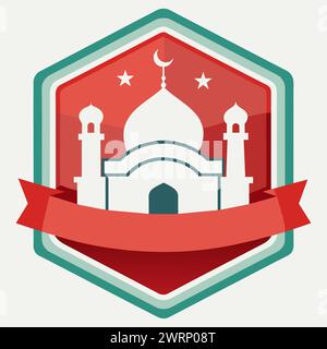 Illustrazione vettoriale complessa e bilanciata ispirata all'estetica islamica, evidenziando forme geometriche, sfondo bianco semplicistico, perfetta per badge o. Illustrazione Vettoriale