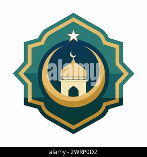 Illustrazione vettoriale simmetrica dettagliata che riflette l'arte islamica, con forme geometriche, sfondo bianco pulito, perfetto per badge o emblemi Illustrazione Vettoriale