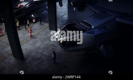 Produzione di navi militari futuristiche in fabbrica. Concetto futuro. rendering 3d. Foto Stock